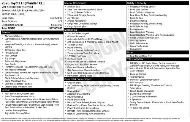 2026 Toyota Highlander XLE 4D Sport Utility