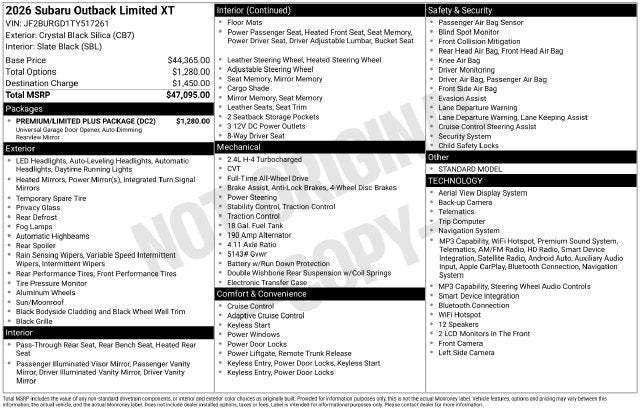 2026 Subaru Outback Limited XT 4D Sport Utility